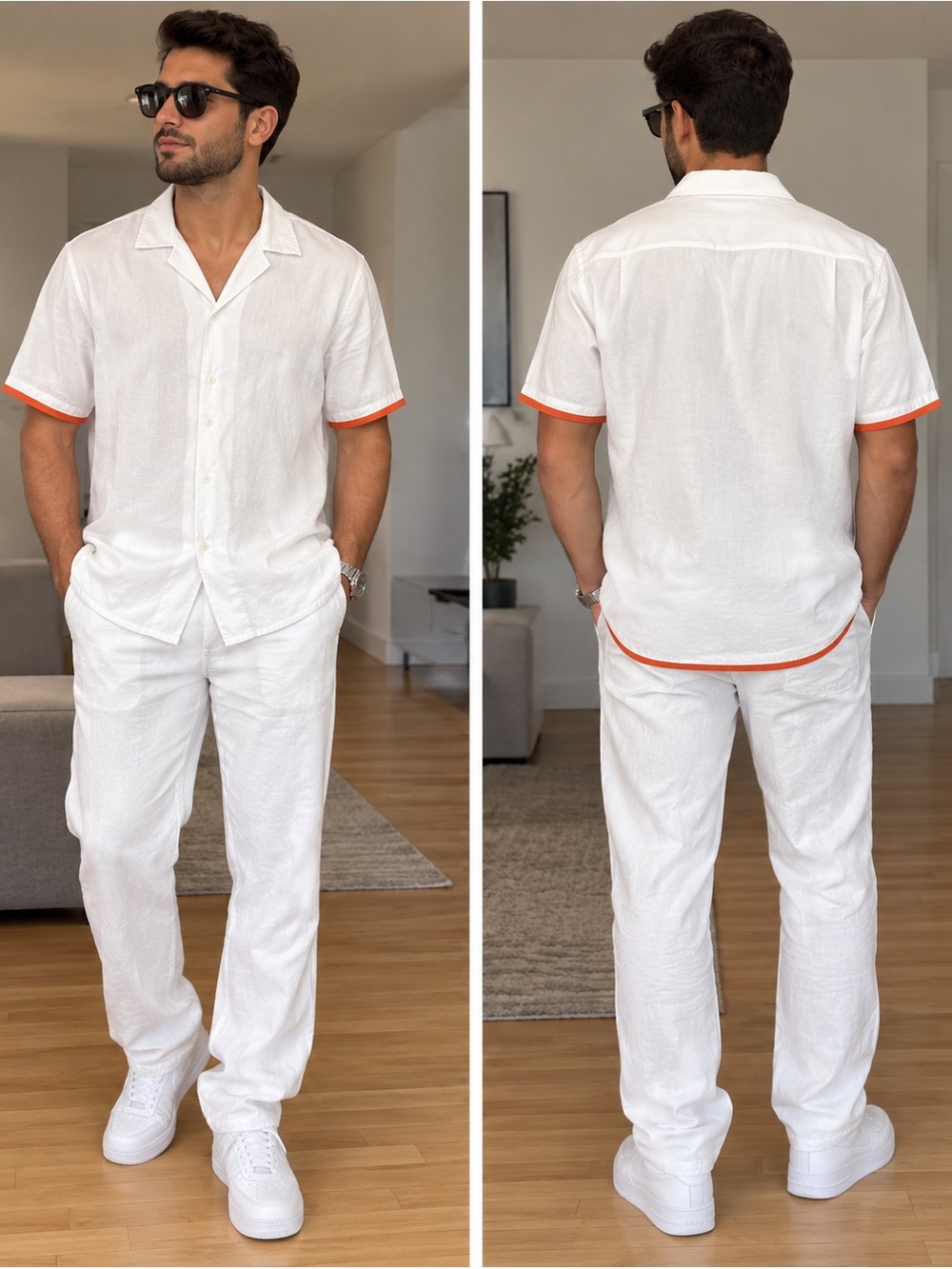 Boss White Short-Sleeve Button-Down Shirt with Subtle orange Tag